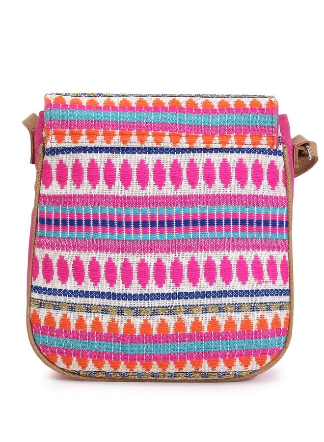 Anekaant Geomat Pink & Multi Acrylic Jacquard & Canvas Striped Sling Bag - Image 4